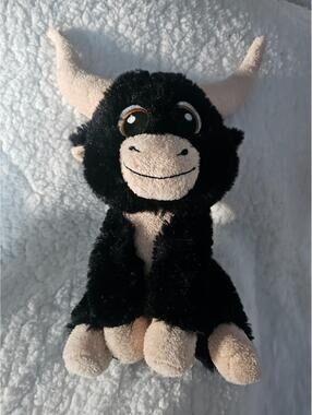Goffa Bull Long Horn Plush Toy Black & Biege So Cute & Happy Stuffed Animal 11"